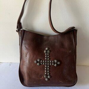 $299 TWO BAR WEST STUDDED CROSS LEATHER WESTERN TOTE BAG BROWN